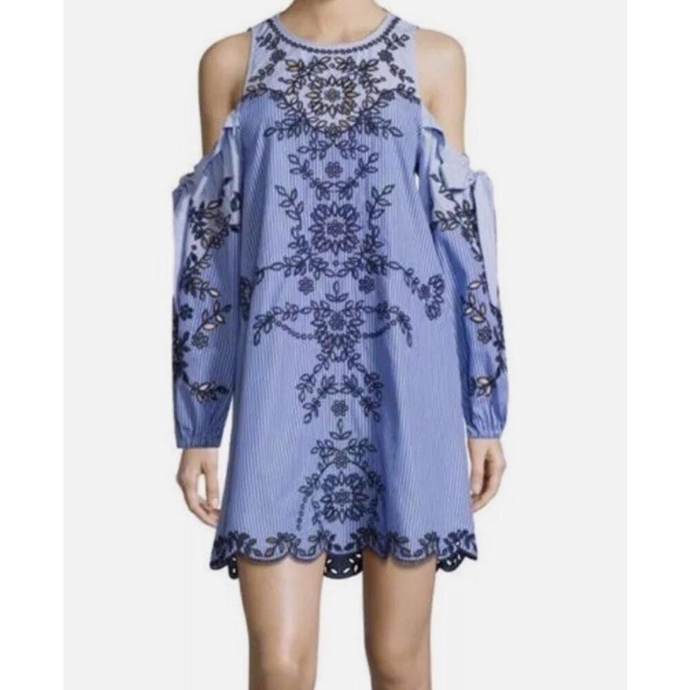 Parker Womens Newton Blue White Striped Eyelet Embroidered Dress Xs